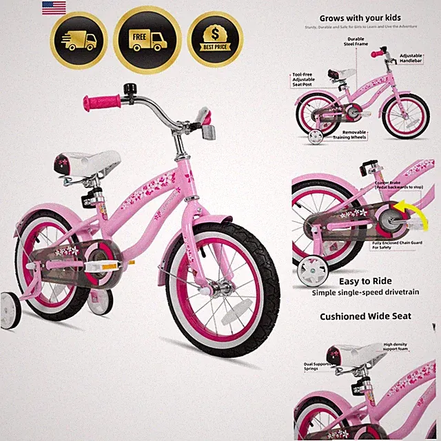 12 14 16 Inch Kids Cruiser Bike for Ages 2-7 Old Girls & Boys, Kids' Bike wi...