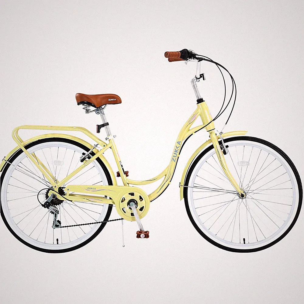 Women's Bike 24 In Beach Cruiser Bike with Back Seat Ladies Bike 7 Speed Yellow
